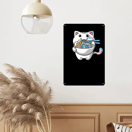 Transgender Pride Kawaii Cat Ramen Noodles Trans F Black Metal Poster Wall Art Decor Sign