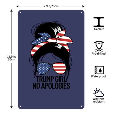 Trump Girl No Apologies Women's Messy Bun Trump 24 Heather Indigo Metal Poster Wall Art Decor Sign