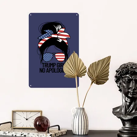 Trump Girl No Apologies Women's Messy Bun Trump 24 Heather Indigo Metal Poster Wall Art Decor Sign