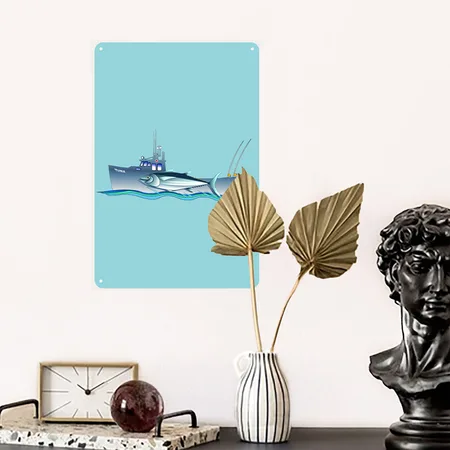 Tuna & Boat Blue Lagoon Metal Poster Wall Art Decor Sign