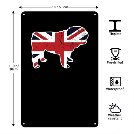 Union Jack English Bulldog United Kingdom Vintage Black Metal Poster Wall Art Decor Sign