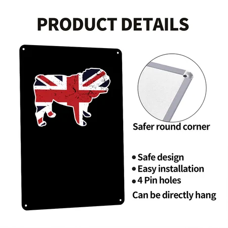 Union Jack English Bulldog United Kingdom Vintage Black Metal Poster Wall Art Decor Sign