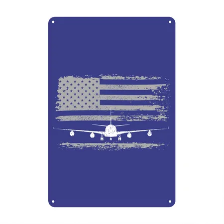 US Flag Airplane Patriotic American Pilot Royal Blue Metal Poster Wall Art Decor Sign