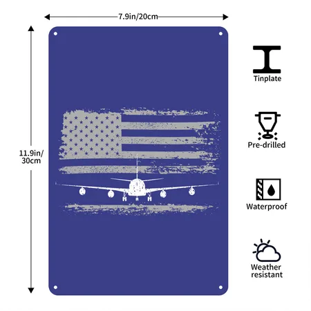 US Flag Airplane Patriotic American Pilot Royal Blue Metal Poster Wall Art Decor Sign