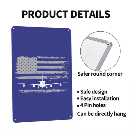 US Flag Airplane Patriotic American Pilot Royal Blue Metal Poster Wall Art Decor Sign