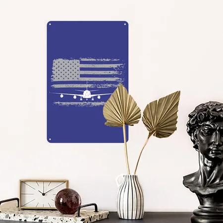 US Flag Airplane Patriotic American Pilot Royal Blue Metal Poster Wall Art Decor Sign