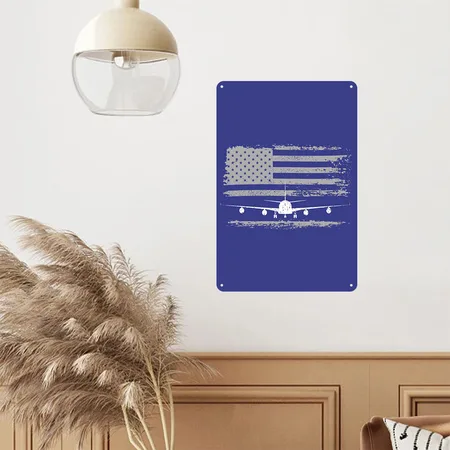 US Flag Airplane Patriotic American Pilot Royal Blue Metal Poster Wall Art Decor Sign