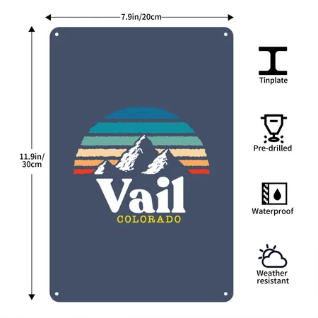 Vail, Coloradousa Ski Resort 1980S Retro Heather Navy Metal Poster Wall Art Decor Sign