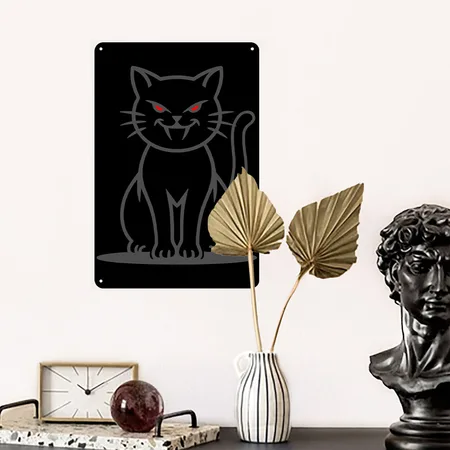 Vampire Cat With Red Eyes Vector 2 Colors Black/oyster Metal Poster Wall Art Decor Sign