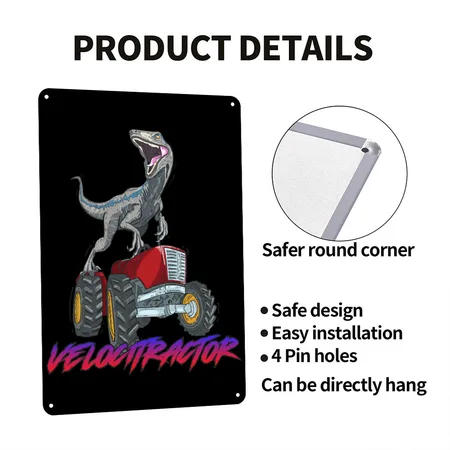 Velocitractor Design For Dinosaur Fans Black/black Metal Poster Wall Art Decor Sign
