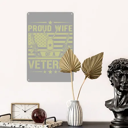 Veteran Shirt, Proud Wife Of A Veteran, Veteran Heather Gray/black Metal Poster Wall Art Decor Sign