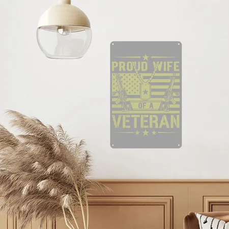 Veteran Shirt, Proud Wife Of A Veteran, Veteran Heather Gray/black Metal Poster Wall Art Decor Sign