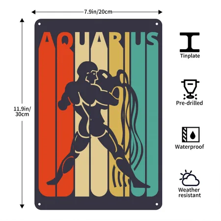 Vintage Aquarius Zodiac For Christmas, Birthday Midnight Navy Metal Poster Wall Art Decor Sign