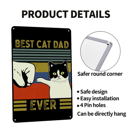 Vintage Best Cat Dad Ever Bump Tee Black Metal Poster Wall Art Decor Sign