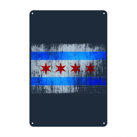 Vintage Distressed Classic Chicago City Flag French Navy Metal Poster Wall Art Decor Sign