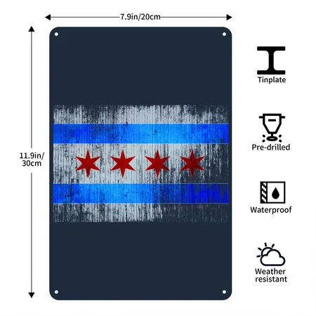 Vintage Distressed Classic Chicago City Flag French Navy Metal Poster Wall Art Decor Sign