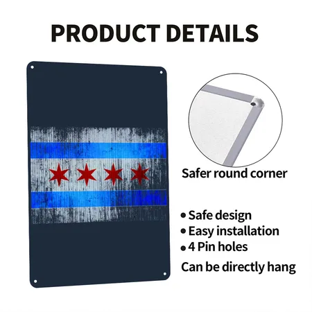 Vintage Distressed Classic Chicago City Flag French Navy Metal Poster Wall Art Decor Sign