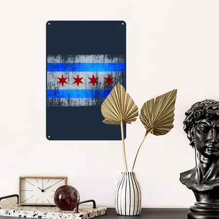 Vintage Distressed Classic Chicago City Flag French Navy Metal Poster Wall Art Decor Sign