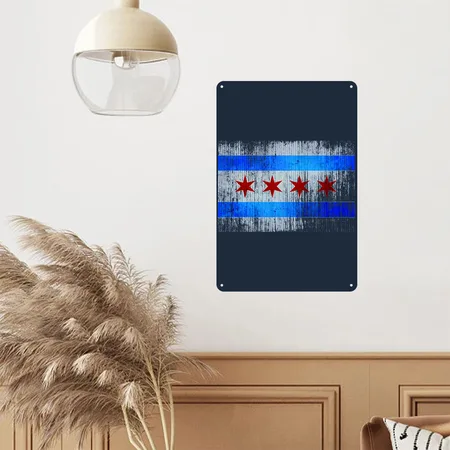 Vintage Distressed Classic Chicago City Flag French Navy Metal Poster Wall Art Decor Sign