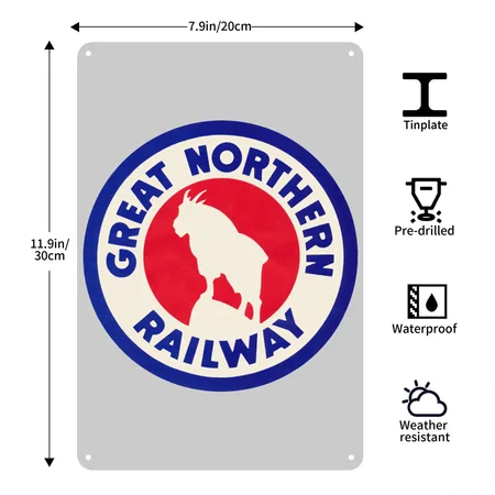 Vintage Great Northern Railway Heather Gray Metal Poster Wall Art Decor Sign