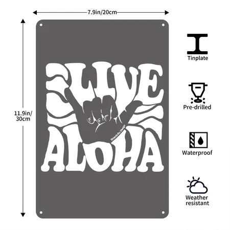 Vintage Live Aloha State Hawaiian Islands Shaka Charcoal Grey Metal Poster Wall Art Decor Sign