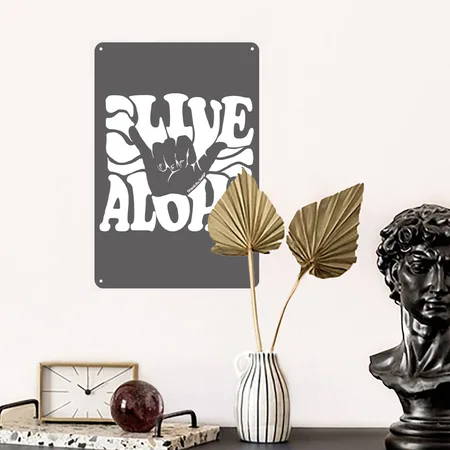 Vintage Live Aloha State Hawaiian Islands Shaka Charcoal Grey Metal Poster Wall Art Decor Sign
