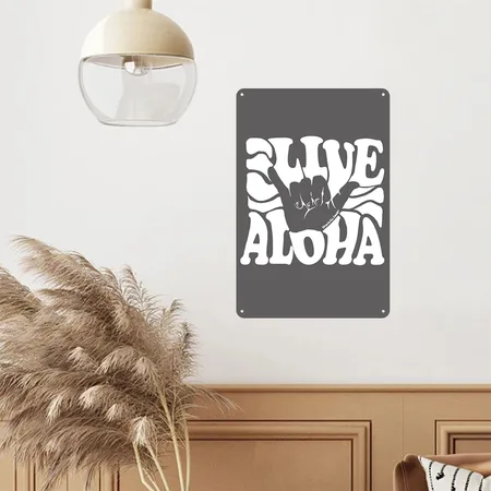 Vintage Live Aloha State Hawaiian Islands Shaka Charcoal Grey Metal Poster Wall Art Decor Sign