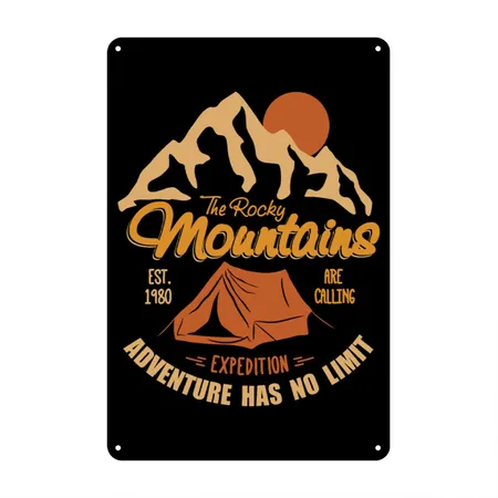 Vintage Retro Rocky Mountains Hiking Camping Gift Black Metal Poster Wall Art Decor Sign