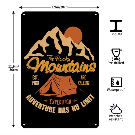 Vintage Retro Rocky Mountains Hiking Camping Gift Black Metal Poster Wall Art Decor Sign