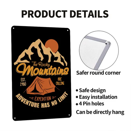 Vintage Retro Rocky Mountains Hiking Camping Gift Black Metal Poster Wall Art Decor Sign