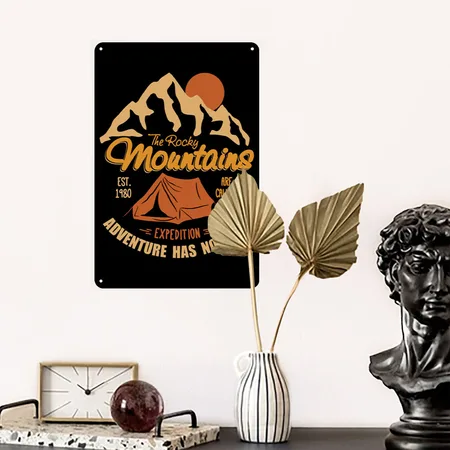 Vintage Retro Rocky Mountains Hiking Camping Gift Black Metal Poster Wall Art Decor Sign