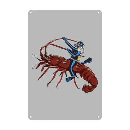 Vintage Spiny Lobster Diving With Scuba Diver URM Silver Metal Poster Wall Art Decor Sign