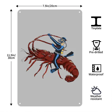 Vintage Spiny Lobster Diving With Scuba Diver URM Silver Metal Poster Wall Art Decor Sign
