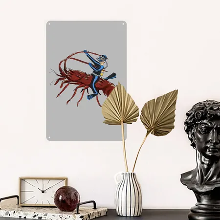 Vintage Spiny Lobster Diving With Scuba Diver URM Silver Metal Poster Wall Art Decor Sign