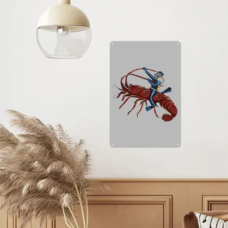 Vintage Spiny Lobster Diving With Scuba Diver URM Silver Metal Poster Wall Art Decor Sign