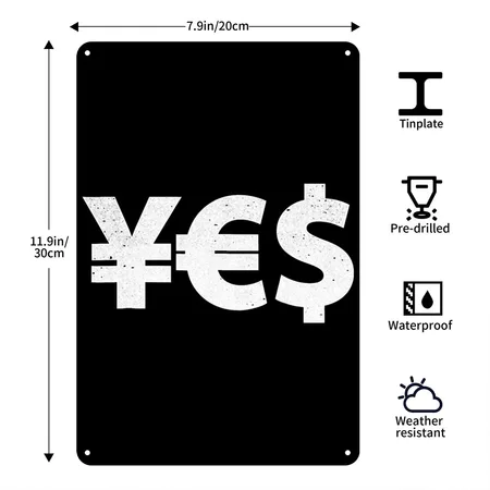 YES Currency Yen Euro Dollar Symbols Black Metal Poster Wall Art Decor Sign