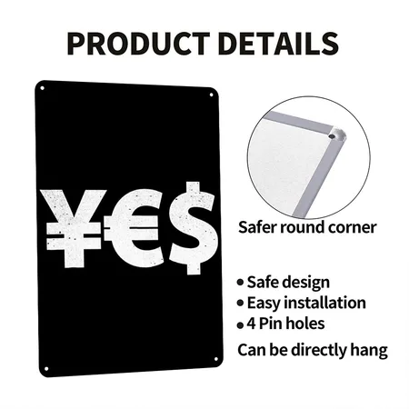 YES Currency Yen Euro Dollar Symbols Black Metal Poster Wall Art Decor Sign